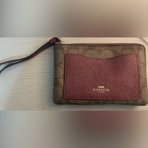 Coach Brown And Metallic Red Zippered Wristlet Or Wallet